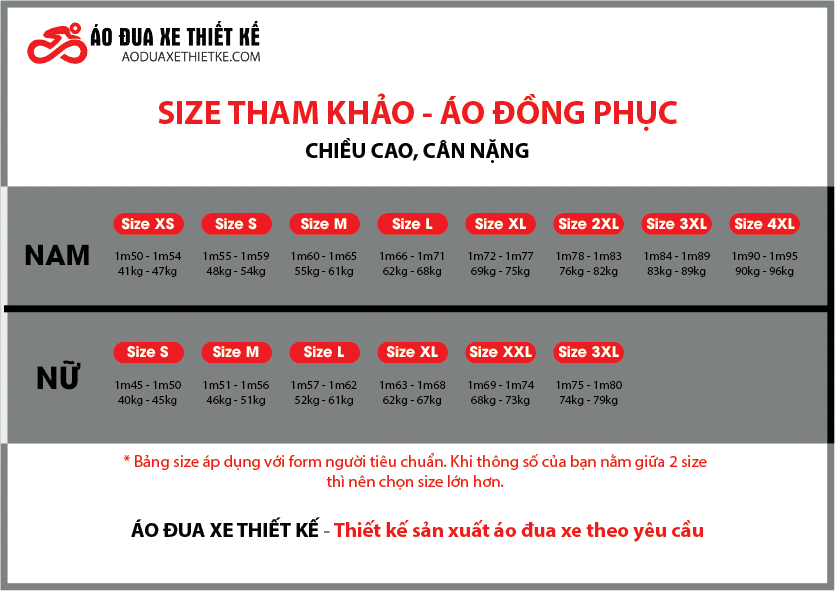 Bảng size Áo Đua Xe Thiết Kế Nam Và Nữ